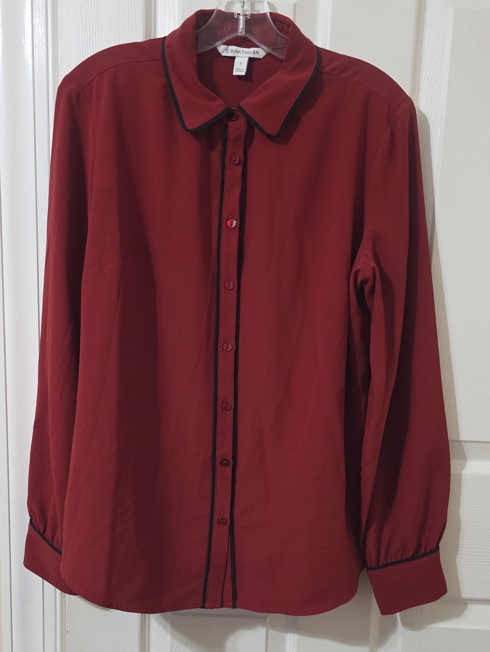 41 Hawthorn Burgundy Button-Up Blouse with Black Piping